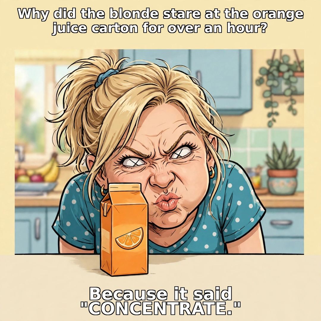 Blonde woman staring intensely at an orange juice carton
