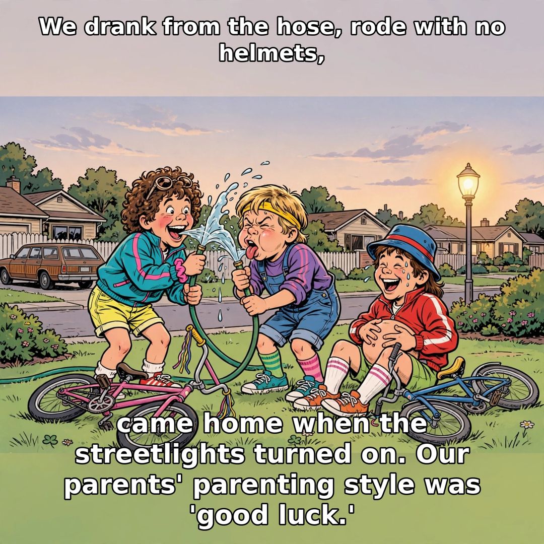1980s kids drinking from a garden hose with bicycles