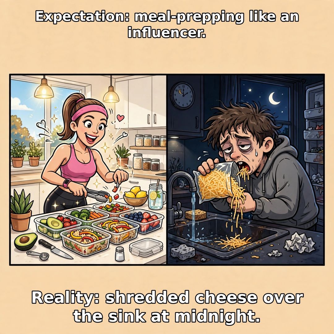 Meal prep expectation versus midnight shredded cheese reality