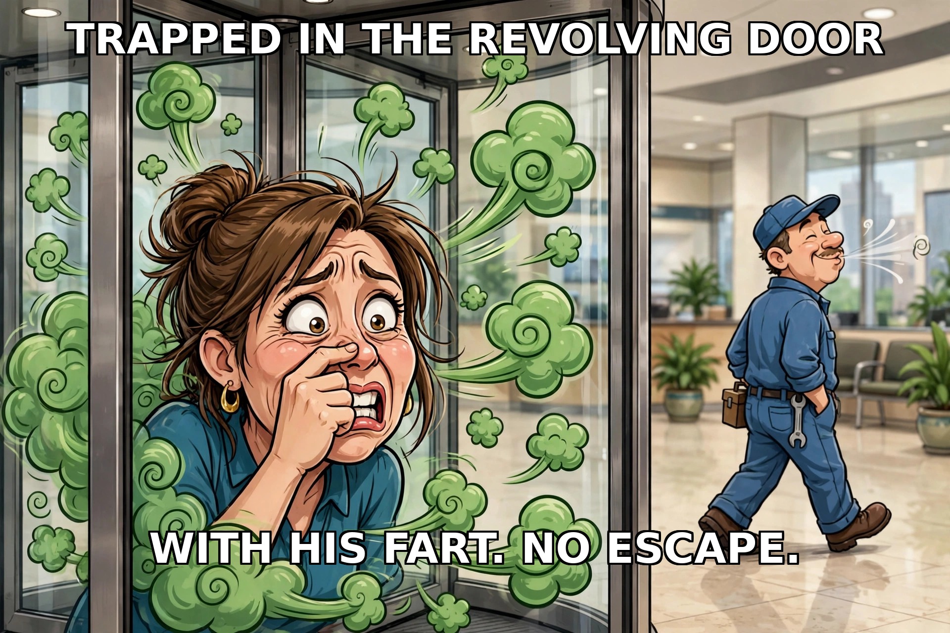 Woman trapped in a bank revolving door surrounded by green fart clouds while a mechanic walks away whistling