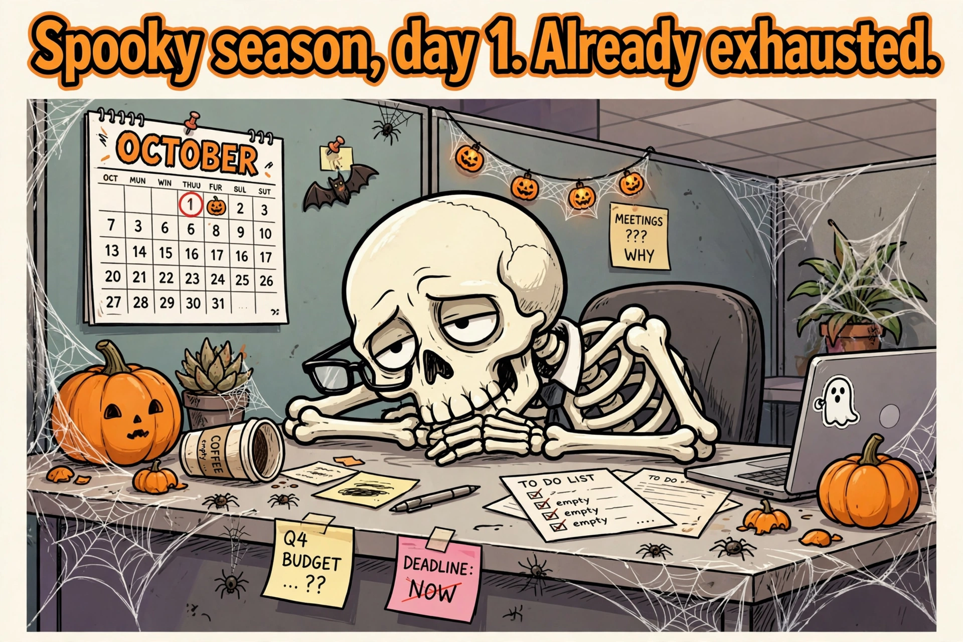 Exhausted skeleton at a desk